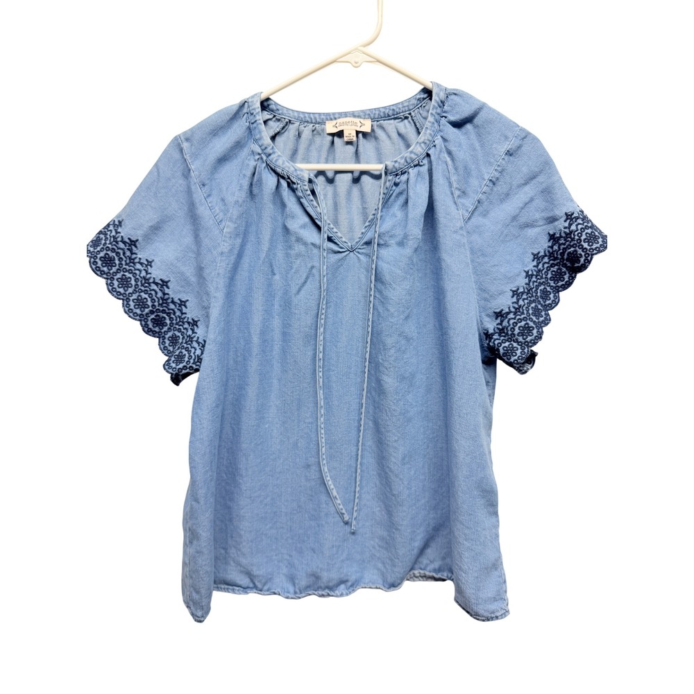 Nanette Lepore M Embroidered Scalloped Sleeve Denim Chambray Embroidered